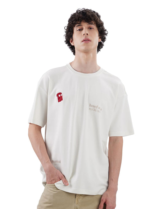The Souled Store Originals: Real Life Story Men and Boys Short Sleeve Round Neck White Embroidered Cotton Oversized T-Shirts