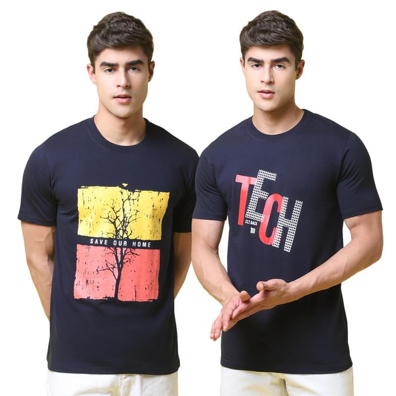 Pinkmint Combo T-Shirt for Men Cotton Blend Casual Half Sleeve T-Shirt l Active wear l Regular Home T-Shirt (Pack of 2) Blue-Dar