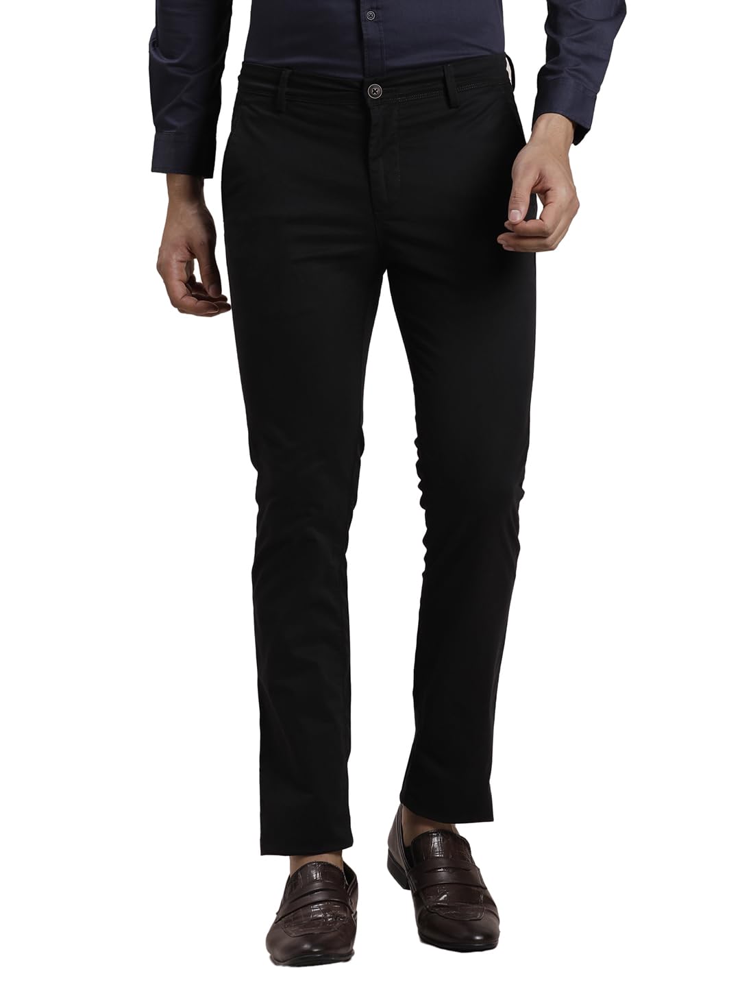Turtle Men Cotton Stretch Ultra Slim Fit Solid Black Casual Trouser