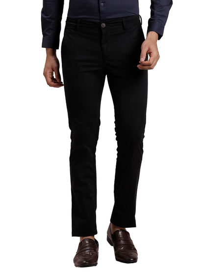 Turtle Men Cotton Stretch Ultra Slim Fit Solid Black Casual Trouser