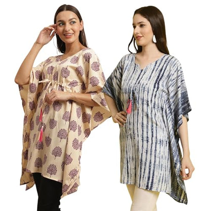 Tee Projekt Casual Combo Crepe Kimino Sleeves Women's Printed Kaftan Dress ll Kaftan Top for College Girl ll Casual & Everyday Kurta (Pack of 2)