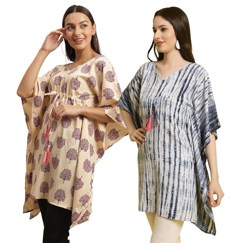 Tee Projekt Casual Combo Crepe Kimino Sleeves Women's Printed Kaftan Dress ll Kaftan Top for College Girl ll Casual & Everyday Kurta (Pack of 2)