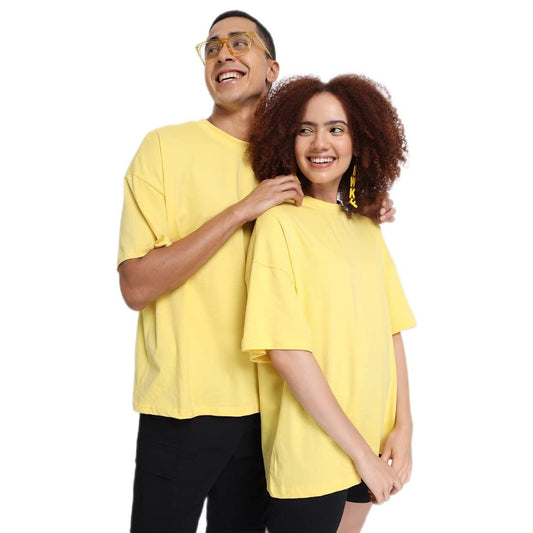 Bewakoof Unisex Solid Yellow Oversized Fit Round Neck Half Sleeves T-Shirt