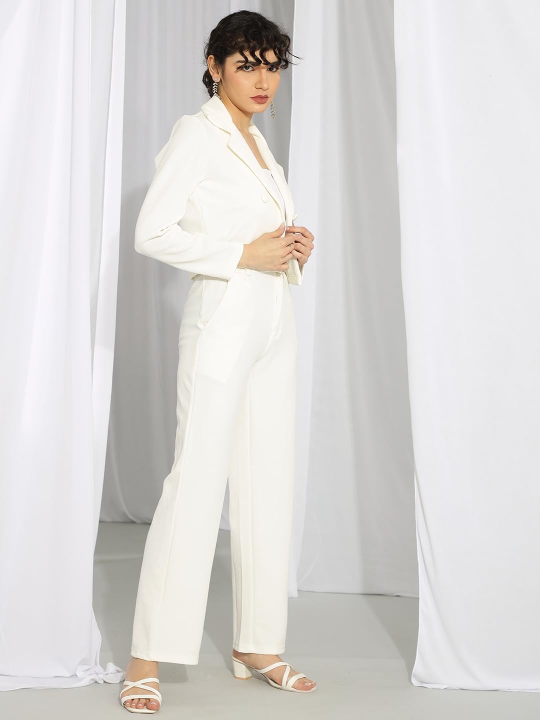 Kotty WomenS Solid Relaxed Fit Full Sleeve Co-Ord Blazer And Trouser Set. Off White