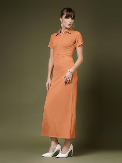 OOMPH! Womens Western & Fusion wear Stretchable Ribbed Lycra Shirt Dress for Women, Bodycon, Orange - md1117