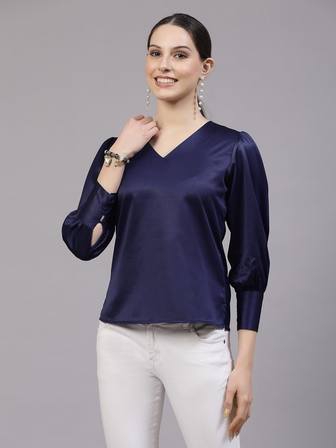 Style Quotient Women Solid Navy Satin Party Top