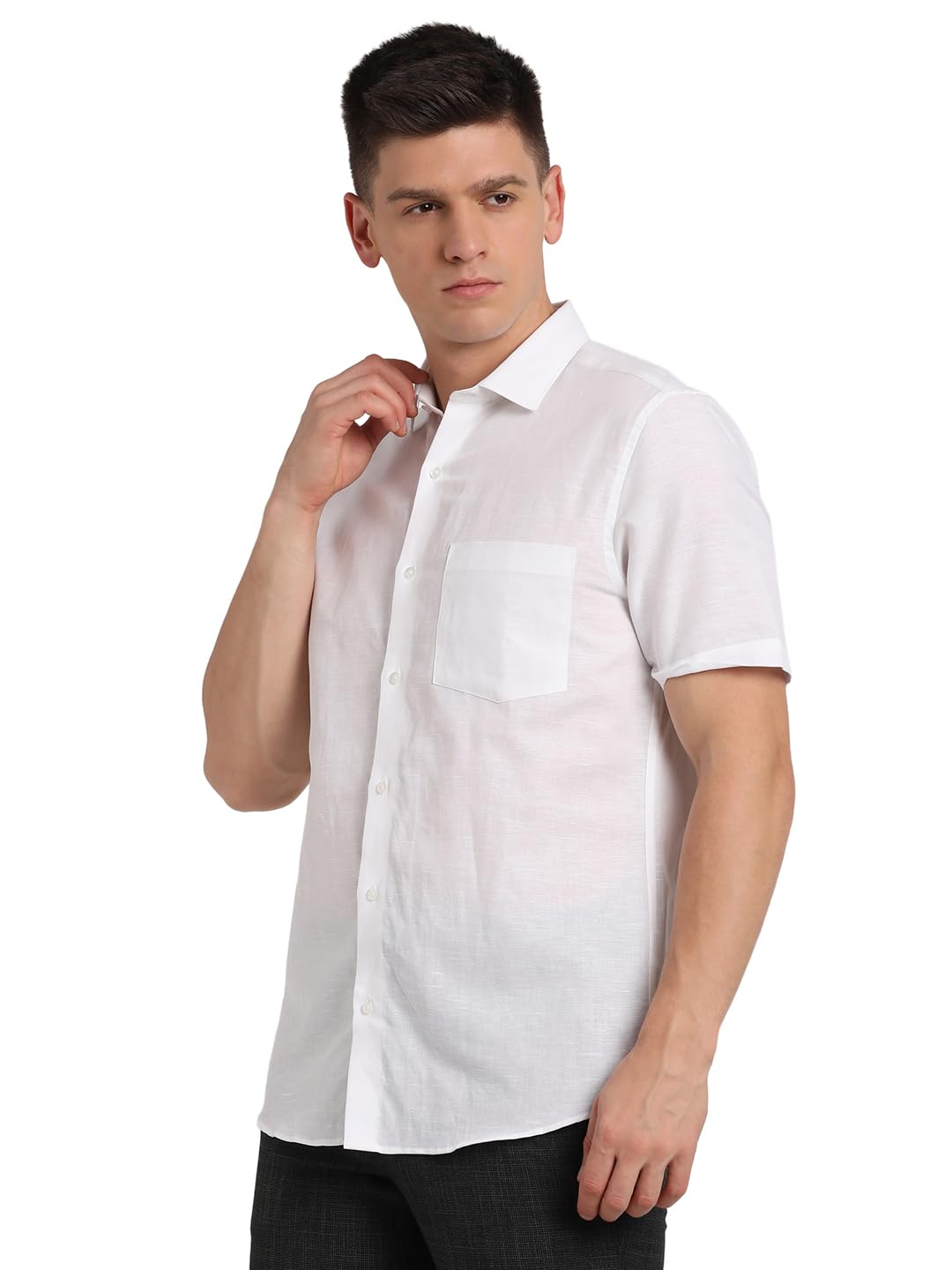 Turtle Men Cotton Linen White Solid Regular Fit Formal Shirt
