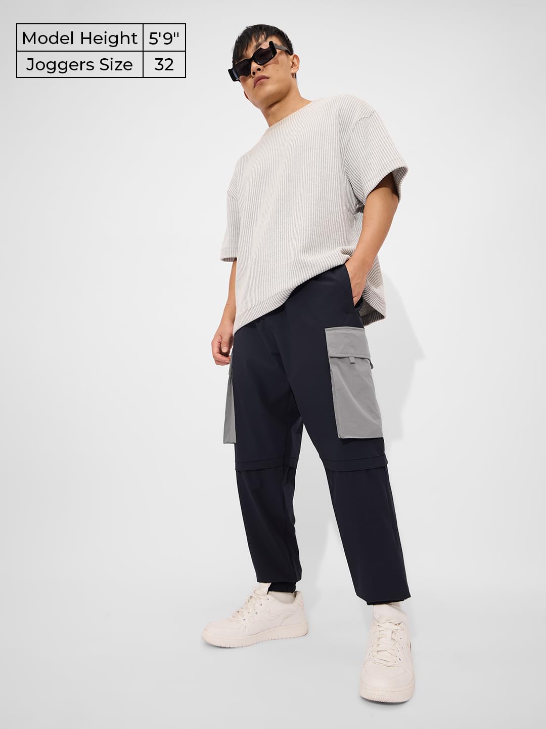 The Souled Store Solids: Navy Blue and Grey Men and Boys Drawstringed Baggy Fit Cargo Joggers