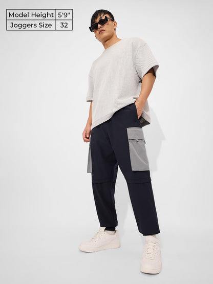 The Souled Store Solids: Navy Blue and Grey Men and Boys Drawstringed Baggy Fit Cargo Joggers