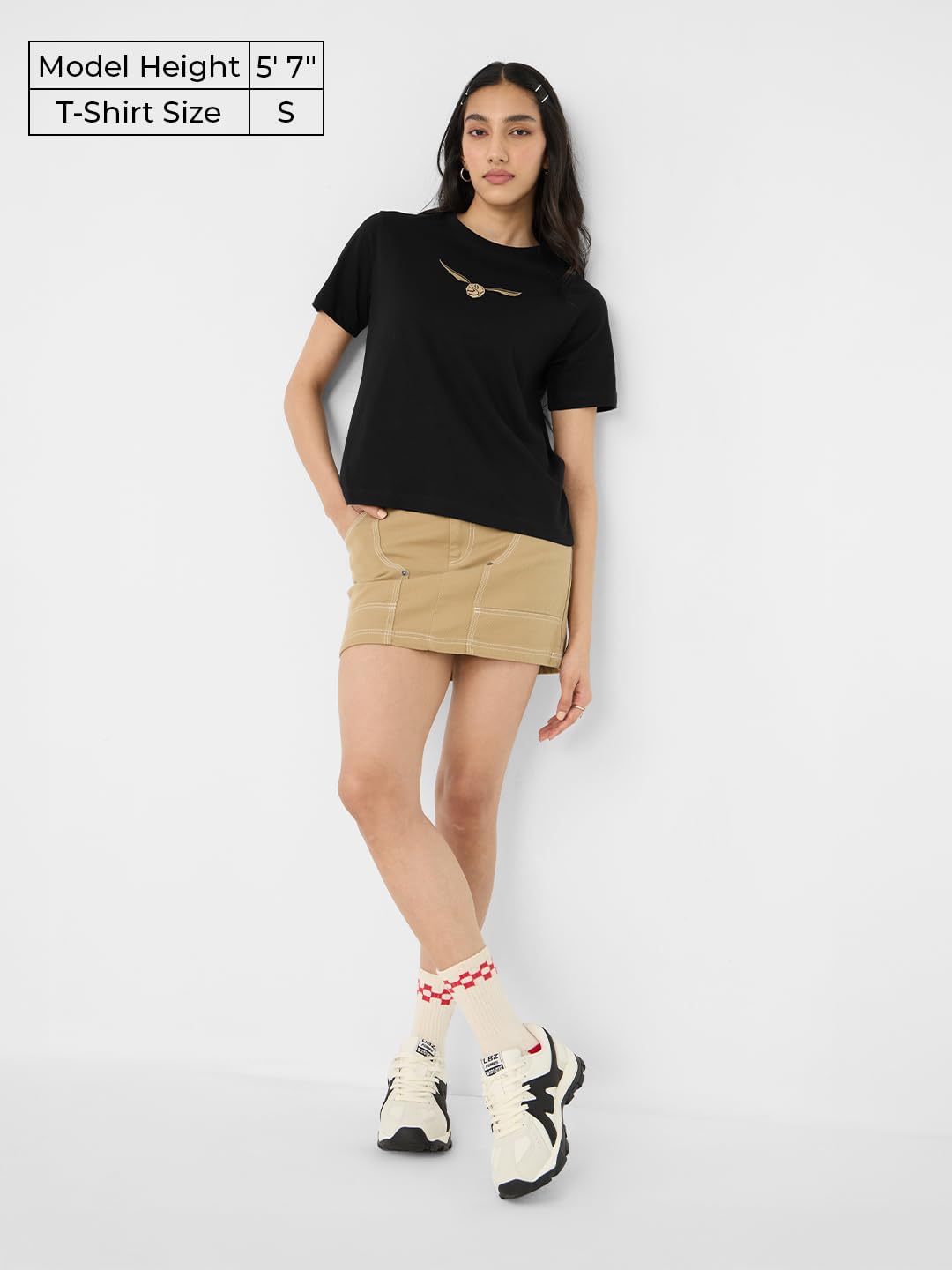 The Souled Store Harry Potter: Golden Snitch Women and Girls Short Sleeves Round Neck Black Embroidered Cotton Relaxed Fit T-Shi