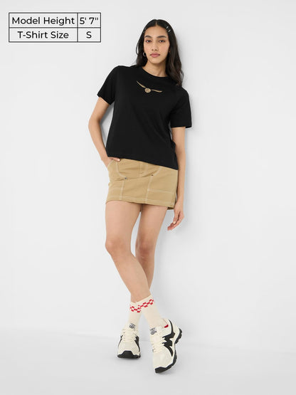 The Souled Store Harry Potter: Golden Snitch Women and Girls Short Sleeves Round Neck Black Embroidered Cotton Relaxed Fit T-Shi