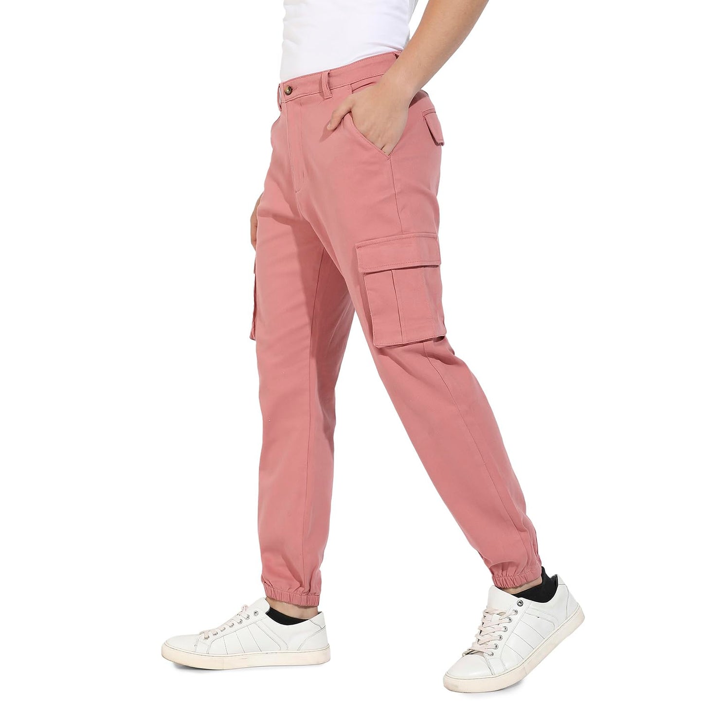 Campus Sutra Mens Nude Pink Cuffed Hem Cargo Trousers for Casual Wear | 6 Pockets | Regular Fit | Button Closure | Cotton Poly