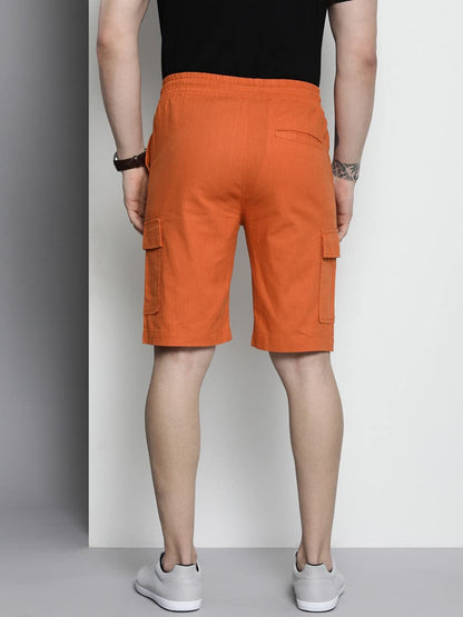 The Indian Garage Co Men Slim Fit Solid Mid-Rise Cargo Shorts Apricot Orange