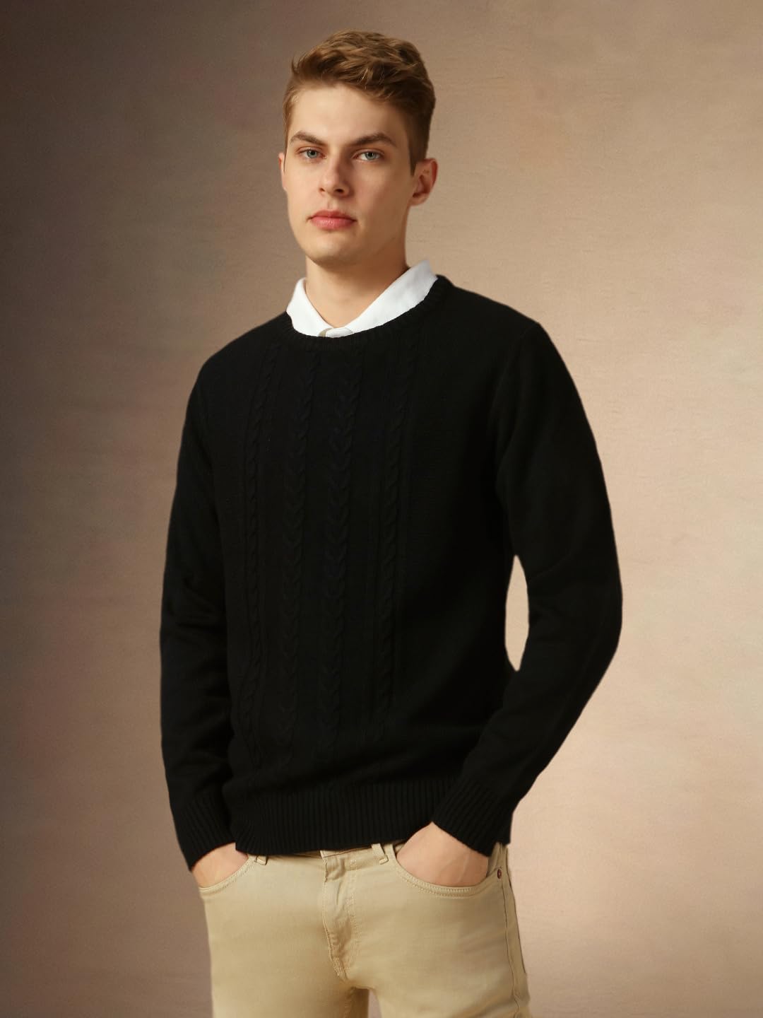 Dennis Lingo Men Black Solid Slim Fit Full Sleeve Crew Pullover Sweater
