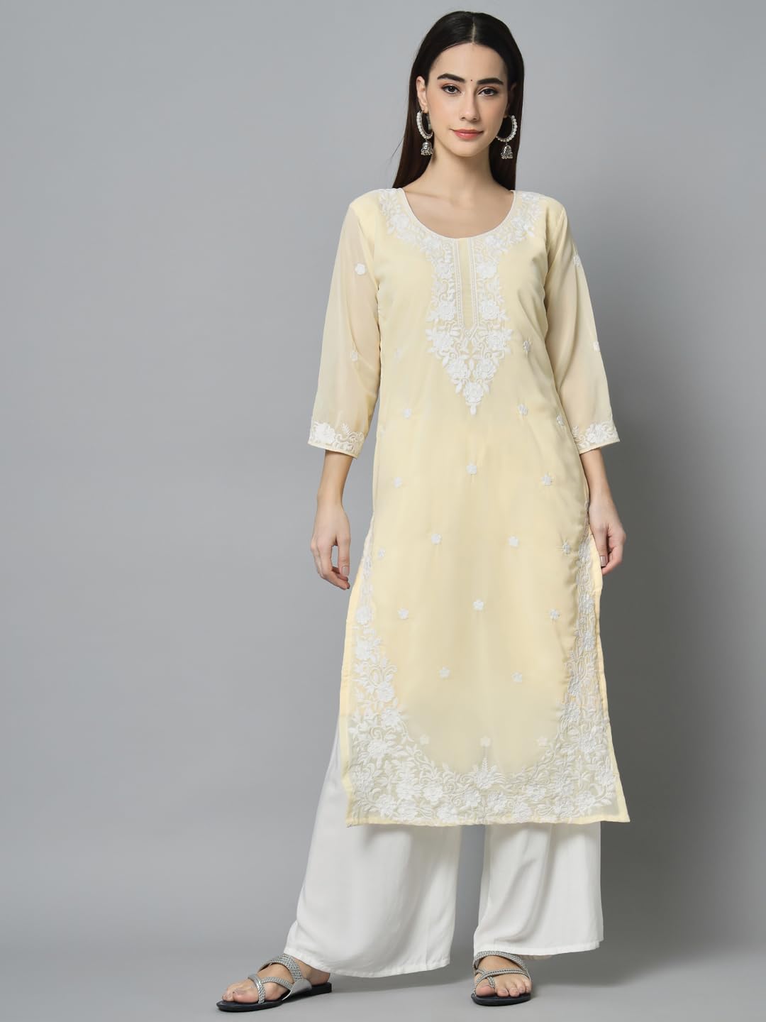 Ekasya Womens Georgette Straight Cut Round Neck Kurta with Beautiful Floral Lucknowi Work (E1542) Yellow
