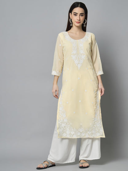 Ekasya Womens Georgette Straight Cut Round Neck Kurta with Beautiful Floral Lucknowi Work (E1542) Yellow
