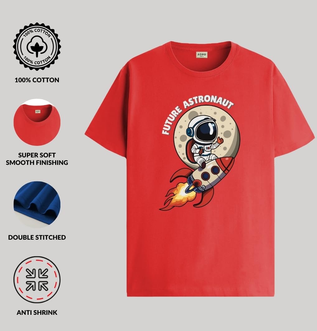 ADRO T Shirts for Boys & Girls | Astronaut Printed T-Shirt | Ages 3-14 | 100% Cotton Round Neck Tshirt for Boys |KRN-L2-ASTRO-RD