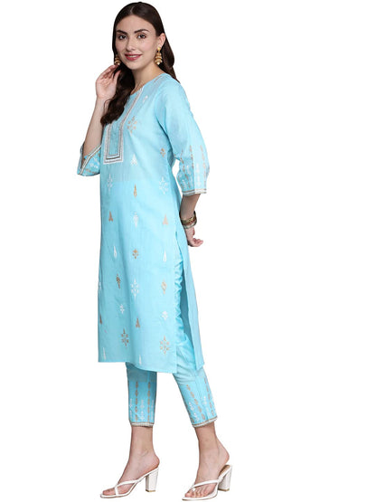 ZIYAA Solid Regular Women's Sky Blue Cotton Straight Kurta and Pant Set