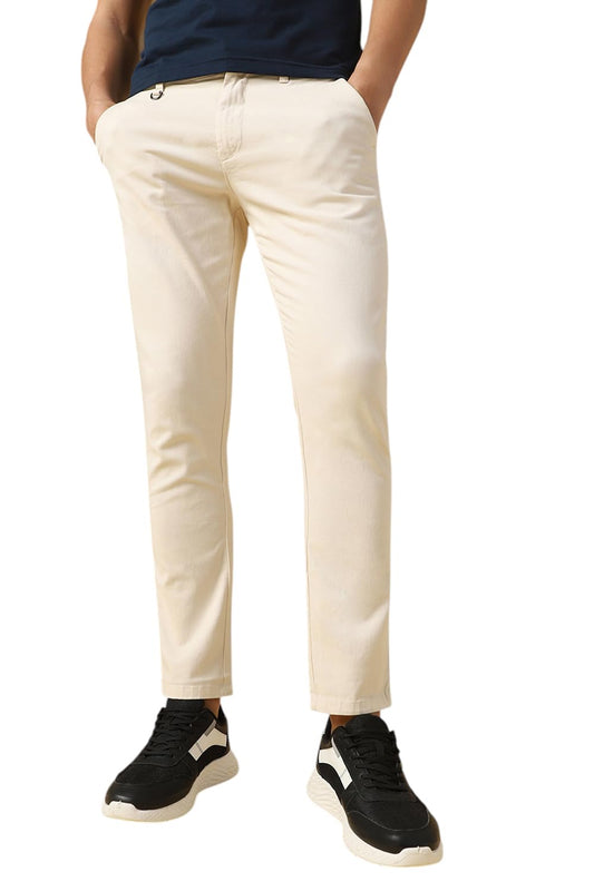 Dennis Lingo Mens Cream Solid Cotton Straight Fit Chinos