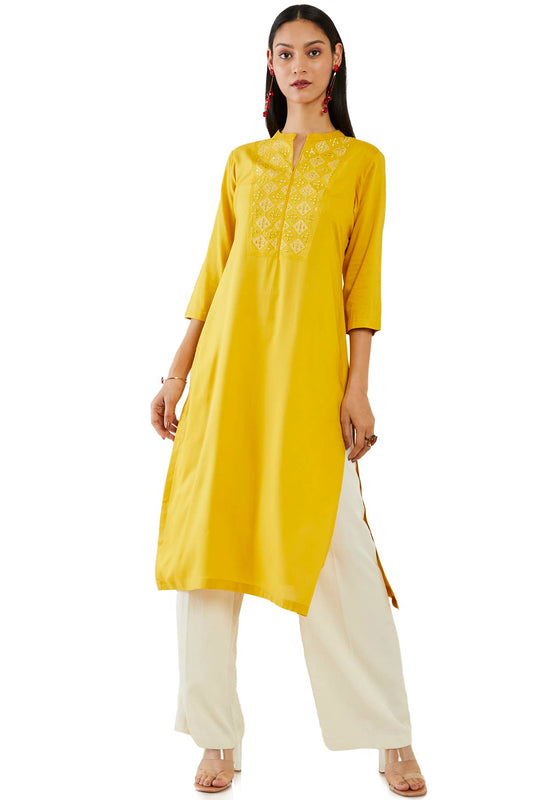 Soch Women Mustard Rayon Embroidered Kurta
