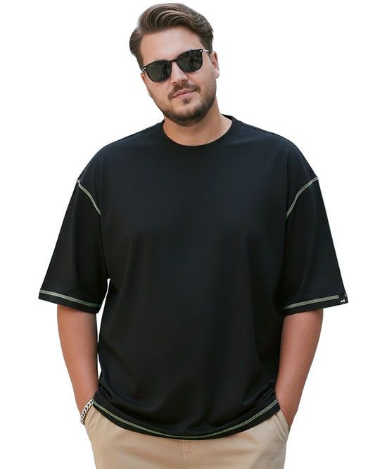 Bewakoof MenS Solid 100% Cotton Plus Size T-Shirt - Oversized Fit, Round Neck, Half Sleeves_580110_Black_4Xl