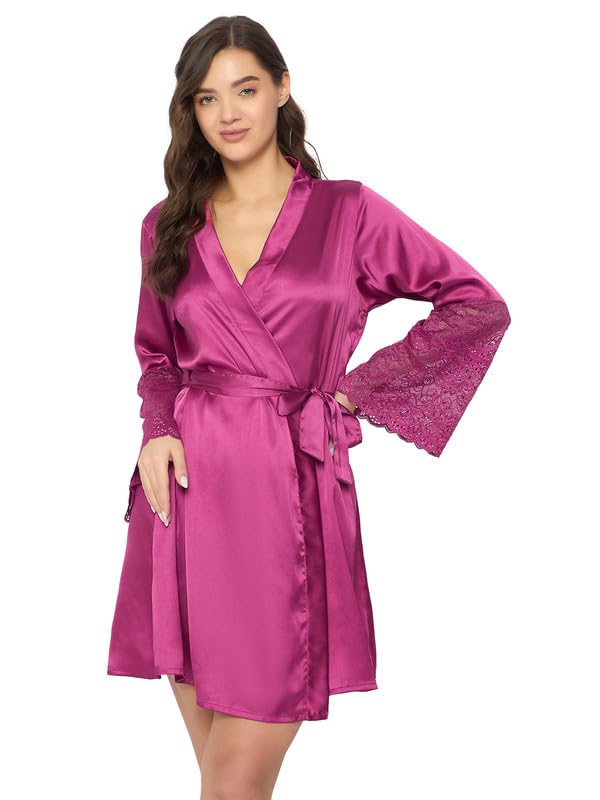 Clovia Womens Satin Solid Robe (NS6473R14_Pink_XL)