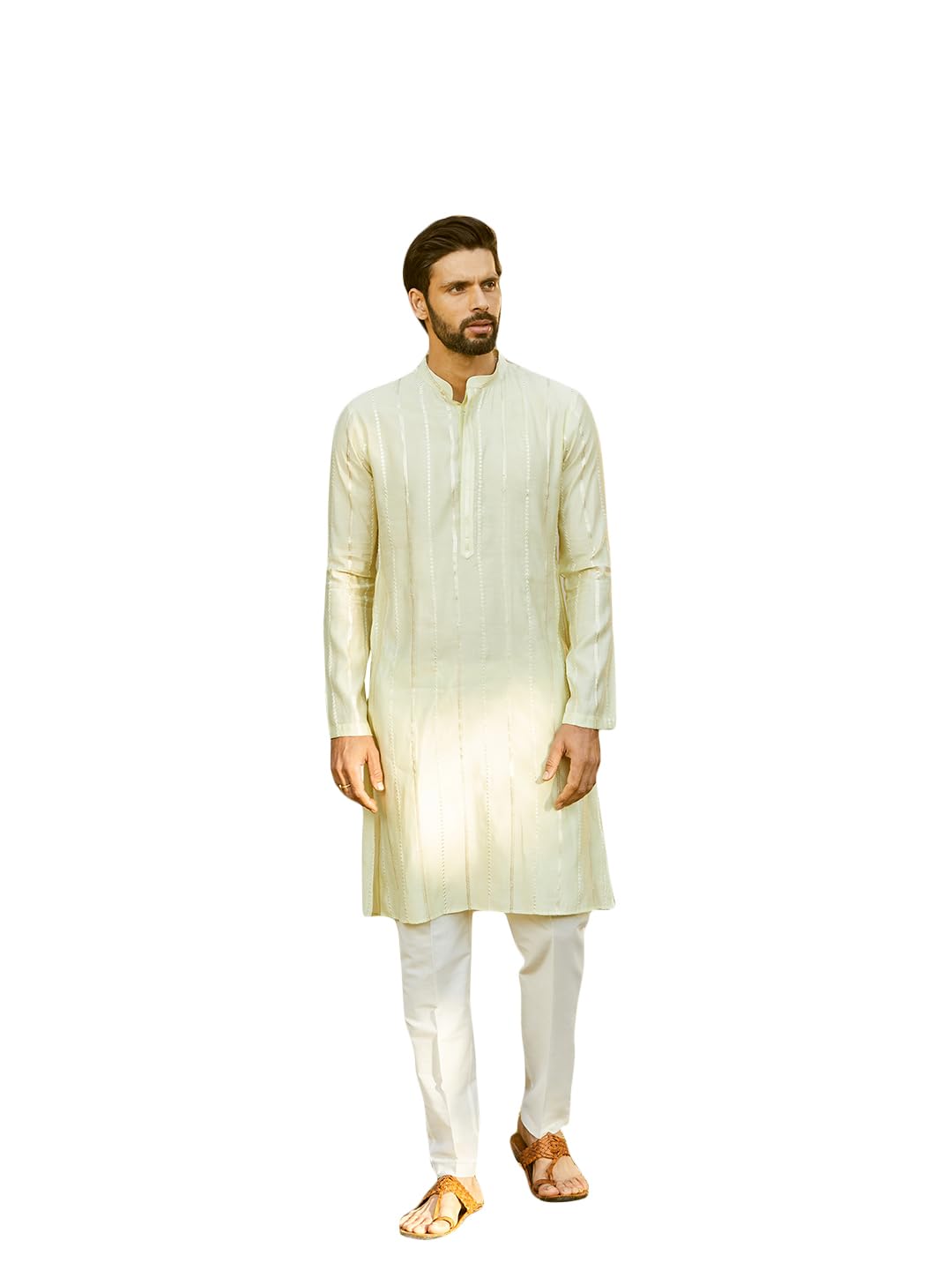 See Designs Men Full Sleeve Off White And Gold Chanderi Silk Sequins Mandarin Collar Side Slit Kurta With Pyjama - Sd2Kt_243601X