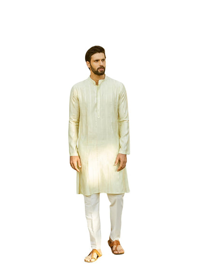 See Designs Men Full Sleeve Off White And Gold Chanderi Silk Sequins Mandarin Collar Side Slit Kurta With Pyjama - Sd2Kt_243601X