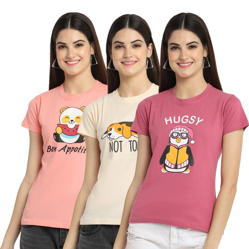 Preneum Womens Cotton Regular Fit Latest Graphic Stylish Printed Short Sleeves Casual T-Shirt || Trending & Style (Pack 3), Pin