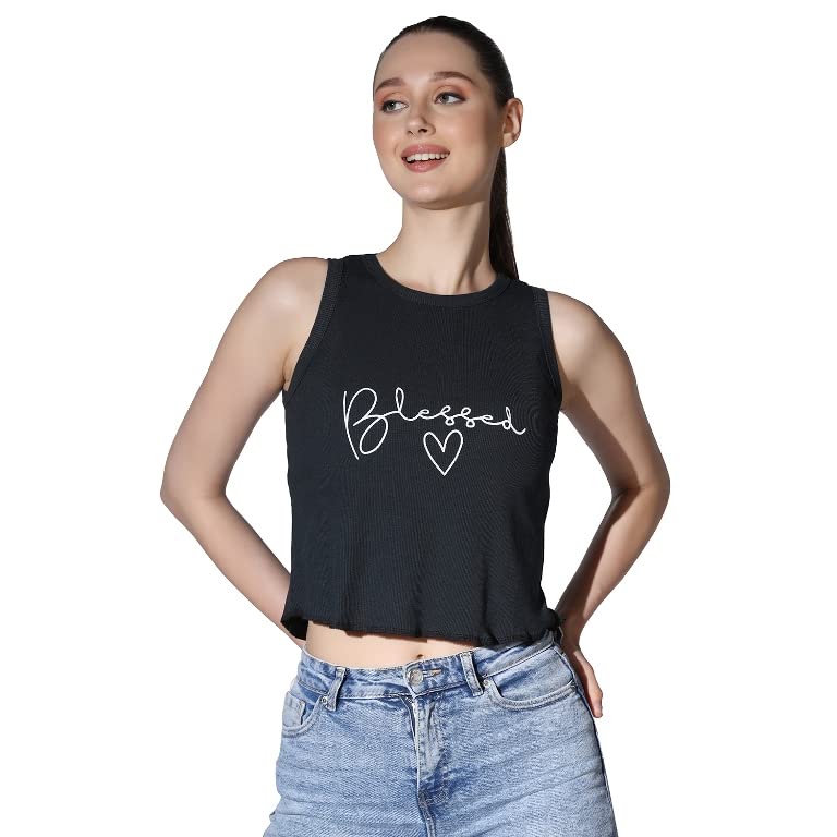 Leriya Fashion Tops For Women | Ribbed Blessed Printed Western Sleeveless Regular Fit Tank Crop Tops For Girls | Casual | Colleg