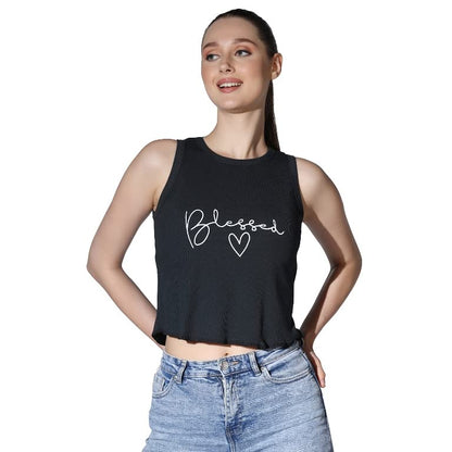 Leriya Fashion Tops For Women | Ribbed Blessed Printed Western Sleeveless Regular Fit Tank Crop Tops For Girls | Casual | Colleg