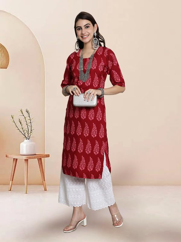 Pinkmint Elegant Printed Crepe KurtiS For WomenS Ll Fashionable Kurti Ll Straight Round Neck Kurti (Pack Of 1) Red