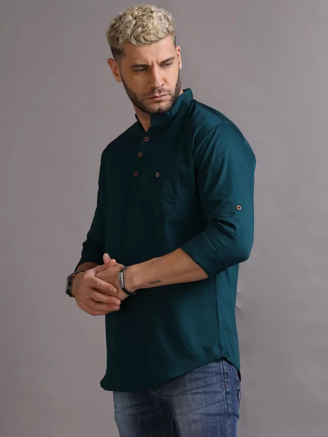 Deemoon MenS Regular Fit Solid Spread Collar Casual Shirt With A Trendy Mandarin Collar Crafted From A Premium Cotton Blend Aqu