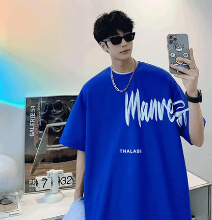 Thalasi Royal Blue Back Print Oversized T Shirts For Men - Down Shoulder Loose Fit Cotton T-Shirt- Stylish Blue T-Shirt For Men