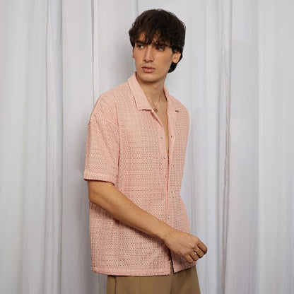 Campus Sutra Mens Blush Pink Hollow Knit Oversized Shirt for Casual Wear | Cuban Collar | Short Sleeve | Button Closure | Overs