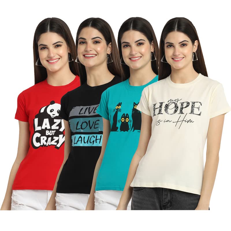 Preneum Womens Cotton Regular Fit Latest Graphic Stylish Printed Short Sleeves Casual T-Shirt || Trending & Style (Pack 4), Red