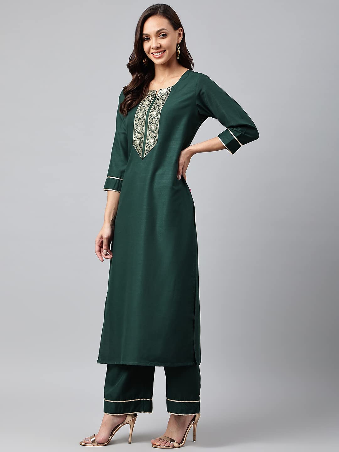 GoSriKi Women's Cotton Blend Straight Solid Kurta with Palazzo & Dupatta (Vtm-GO)