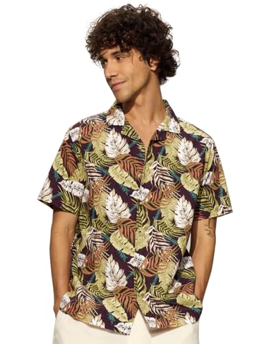 The Souled Store Just Leafy Men and Boys Short Sleeves Collared Neck Button Front Multicolor All Over Printed Cotton Holiday Shi
