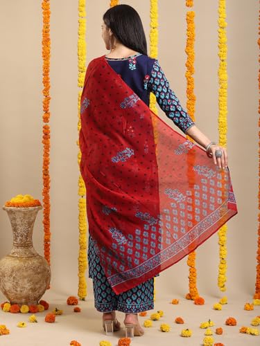 GoSriKi Women's Kurta Set, Viscose Blend, Straight Print, 3XL, Blue, Includes Trousers & Dupatta, Model MASUMI BLUE-VKS01-GS
