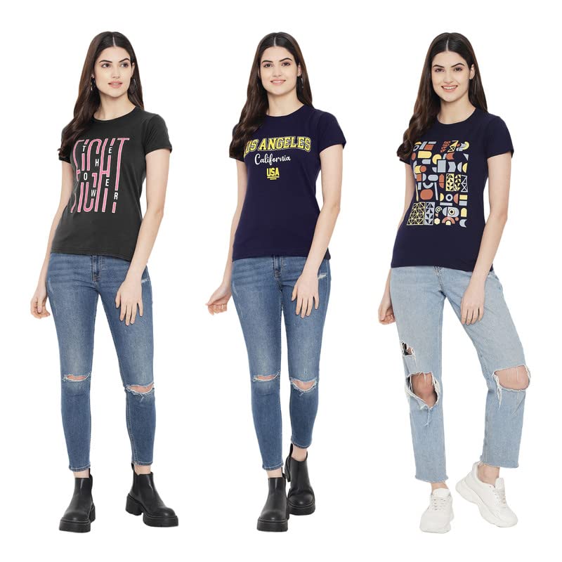 Preneum Womens Cotton Regular Fit Latest Graphic Stylish Printed Short Sleeves Casual T-Shirt || Trendy & Styling (Pack 3), Bla