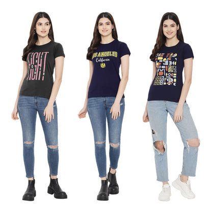 Preneum Womens Cotton Regular Fit Latest Graphic Stylish Printed Short Sleeves Casual T-Shirt || Trendy & Styling (Pack 3), Bla