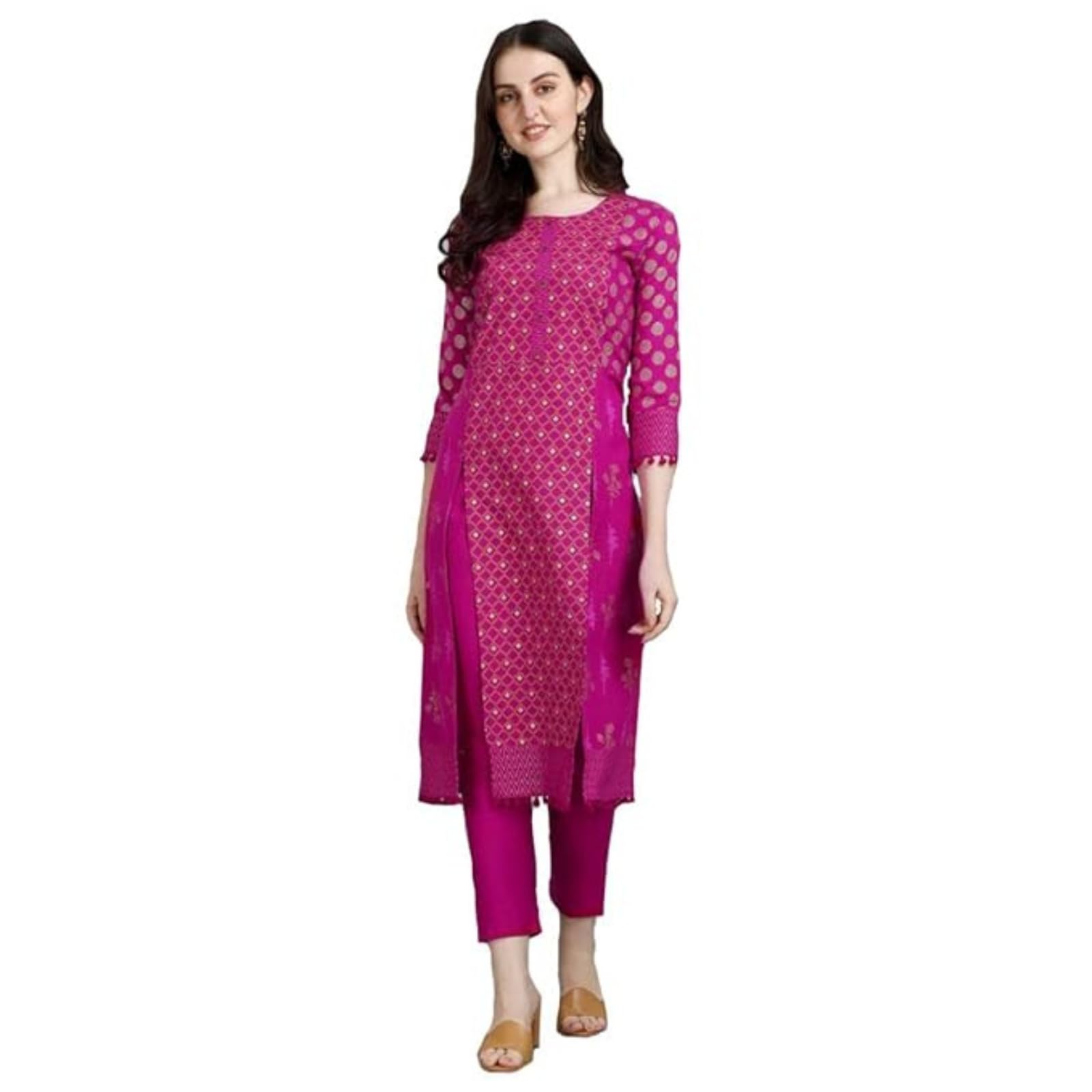 Modestouze Attires WomenS Cotton Blend Gold Pigment Printed Cord Set With Round Neck 3/4 Sleeve Straight Cut Length Kurta And S