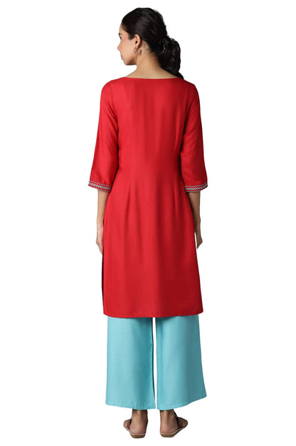 Aure Collection by Aurelia Red Solid Ethnic Kurta with Light Teal Straight Palazzo