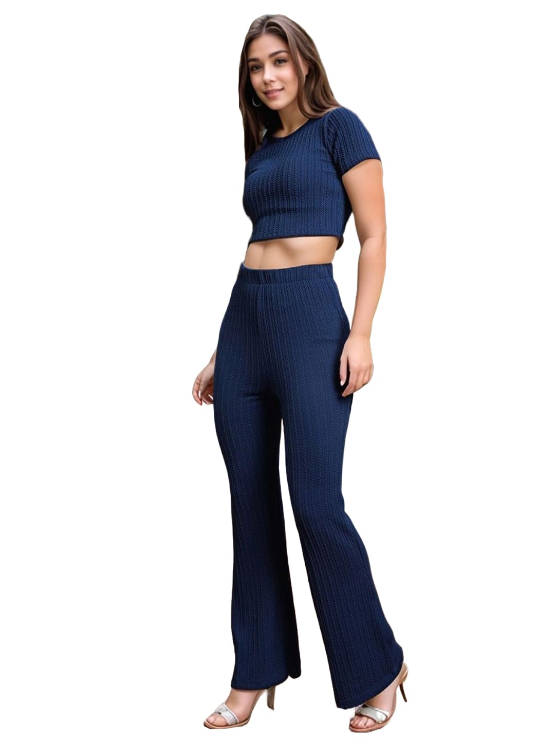 ANNI DESIGNER Womens Rayon Viscose Solid Top & Flared Trousers Set (SUMAIRA Blue_XXL_Blue_XX-Large)