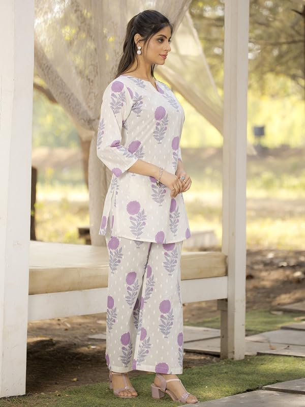 Pinkmint Womens Pure Cotton Co Ord Set l Flower Printed Co Ord Set l Stylish Pocket & 3/4 Sleeve Women Co-ord Set White