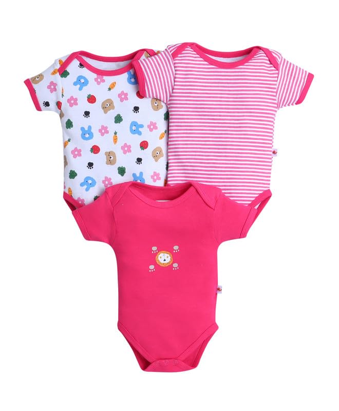 Bumzee Baby Girls Cotton Half Sleeves Bodysuit/Onesie/Leotard Pink & White - New Born (Peb10569A-Pnk)