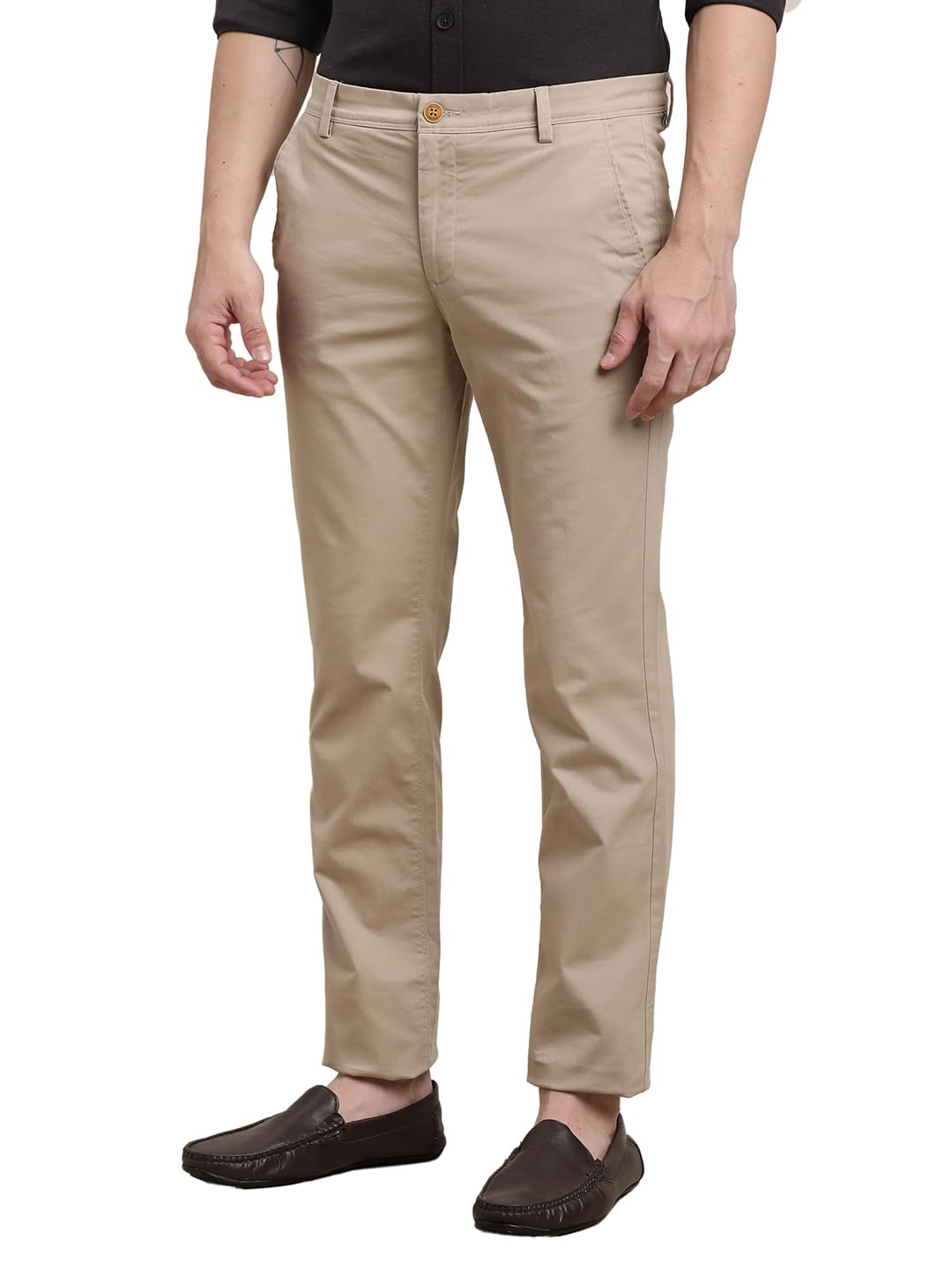 Turtle Men Cotton Stretch Ultra Slim Fit Solid Beige Flat Front Casual Trouser || Pant || Mens Trouser