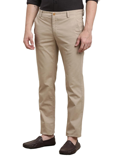 Turtle Men Cotton Stretch Ultra Slim Fit Solid Beige Flat Front Casual Trouser || Pant || Mens Trouser