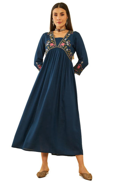 Soch Womens Blue Rayon Slub Floral Embroidered Empire Ethnic Dress