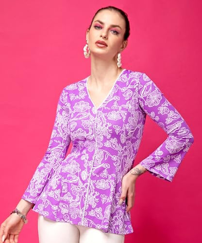 POPWINGS Casual Lavender Floral Printed A-Line Peplum Style Top for Women | V-Neck Cotton Full Sleeves Top for Women